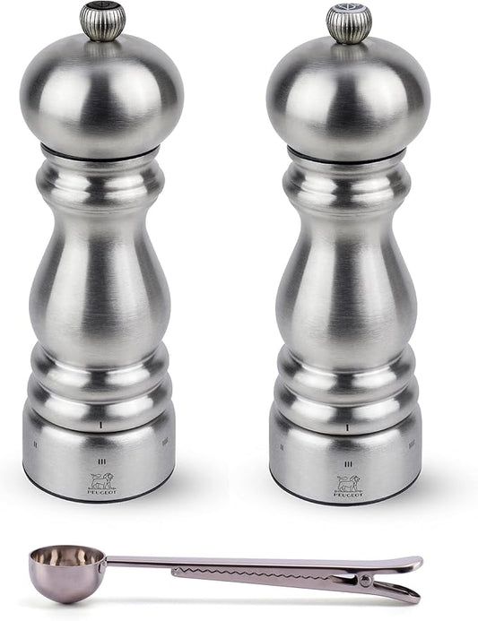 Peugeot Paris u'Select 6 Setting Manual Stainless Steel Salt & Pepper Mill Set With Stainless Steel Spice Scoop Made In France (7- Inch)