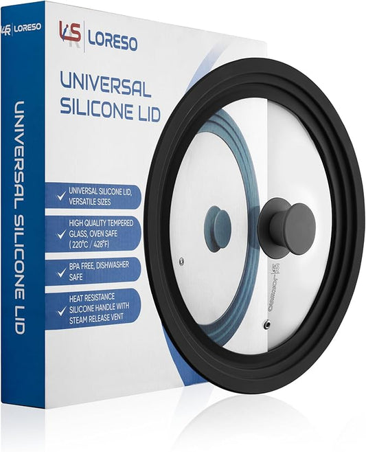 Universal Lid for Pots, Pans & Skillets Size 10", 10.5", 11" & 11.5" Cookwares -Tempered Glass with Silicon Rim-Black