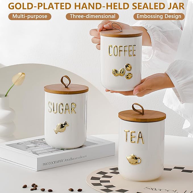 Comeon Ceramic Canister Set with Airtight Seal Bamboo Lid Silicone, 27oz Food Storage Jars for Coffee Sugar Tea, Container Set for Kitchen Pantry Counter Decor (Tea)