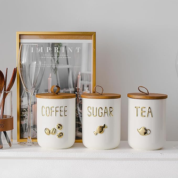 Comeon Ceramic Canister Set with Airtight Seal Bamboo Lid Silicone, 27oz Food Storage Jars for Coffee Sugar Tea, Container Set for Kitchen Pantry Counter Decor (Sugar)