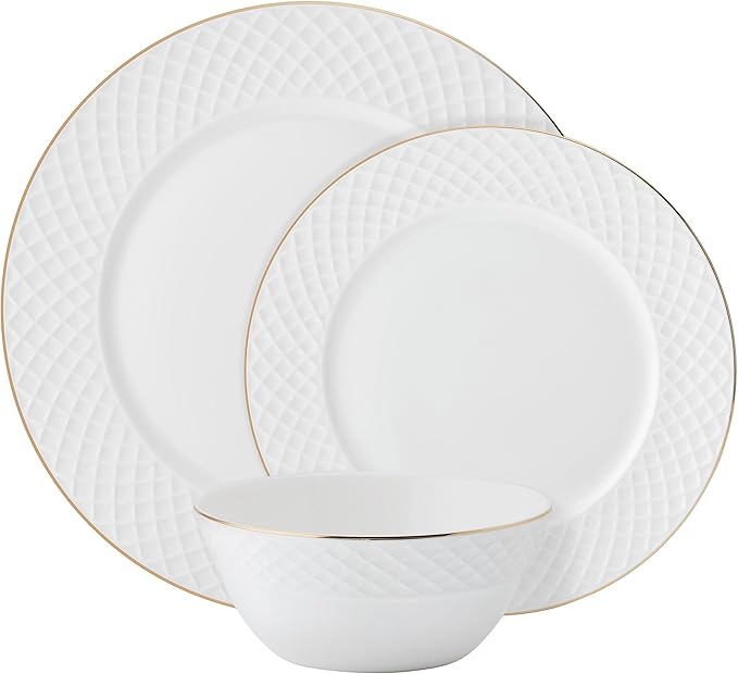 Mikasa Trellis Gold Rim Bone China Lightweight Chip Resistant 12 Piece Dinnerware Set, Service for 4