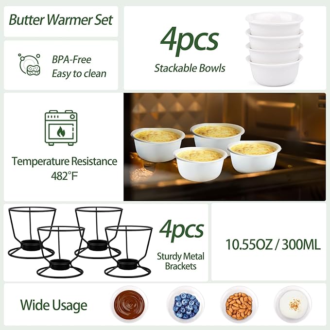 4Pcs Fondue Pot Set for Chocolate Butter Cheese, 5oz Butter Warmer for Seafood with 20 Tealight, Ceramic Bowl Oven Microware Dishwasher Safe,Perfect for family dip Fruit,Dessert,Snack