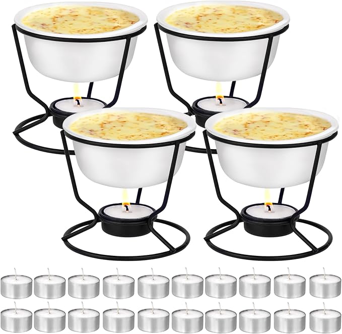 4Pcs Fondue Pot Set for Chocolate Butter Cheese, 5oz Butter Warmer for Seafood with 20 Tealight, Ceramic Bowl Oven Microware Dishwasher Safe,Perfect for family dip Fruit,Dessert,Snack