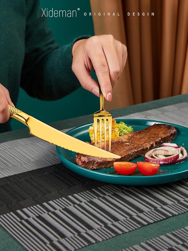 16-Piece Luxury Gold Hammered Silverware Set with Ultra Sharp 2-IN-1 Serrated Knife, 18/10 Stainless Steel Flatware Set, Tableware Cutlery Set for 4, Forks Spoons Knives Set