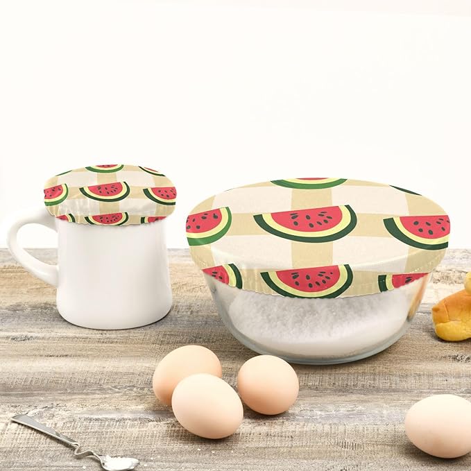5 Pcs Bowl Covers Reusable in 5 Size Elastic Food Cover Cloth Lids Fresh Keeping Dish Cookware Bakeware Fabric Covers Lids for Food Leftovers Fruits Storage Cute Watermelon Slices Checkered