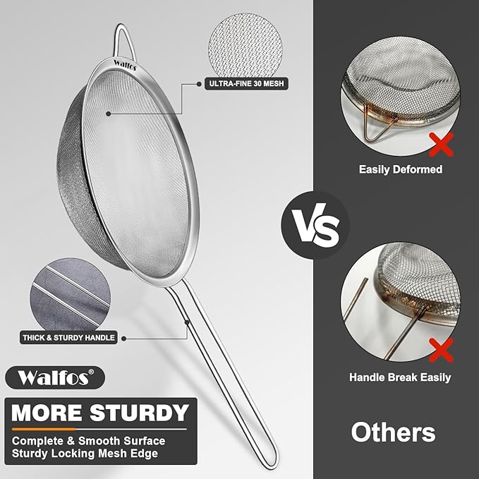 Walfos Fine Mesh Strainer 4PCS, Versatile Kitchen Strainer with Handle - 7", 5", 3.3", 2.8" Sieve Fine Mesh Stainless Steel, Metal Strainers and Sifters for Rice, Quinoa, Tea, Cocktail, Pasta, Juice