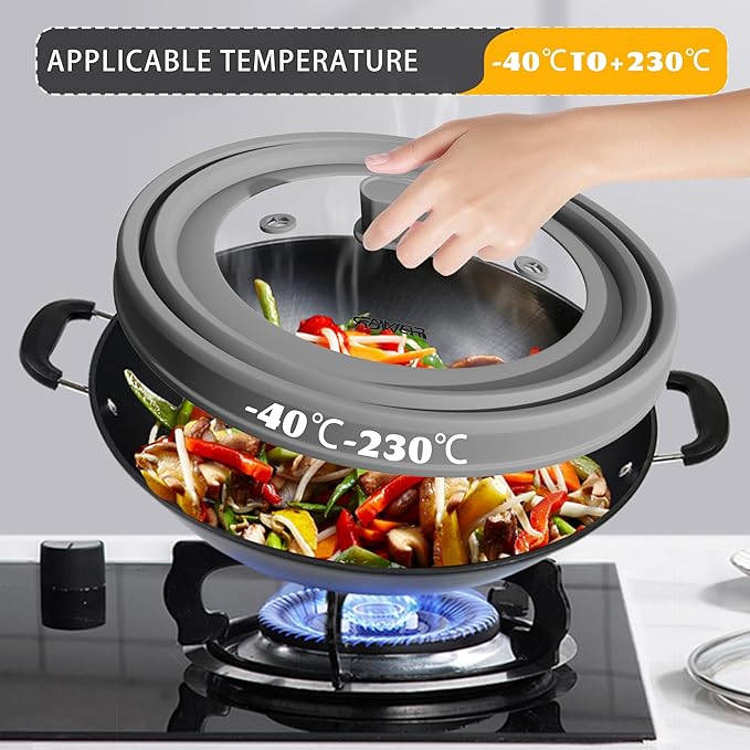 Microwave Splatter Cover, Vented Silicone and Glass Cover Splatter Guard Lid, Food Collapsible Plate Cover Lid with Easy Grip Handle. (Gray, 11.8 inch)