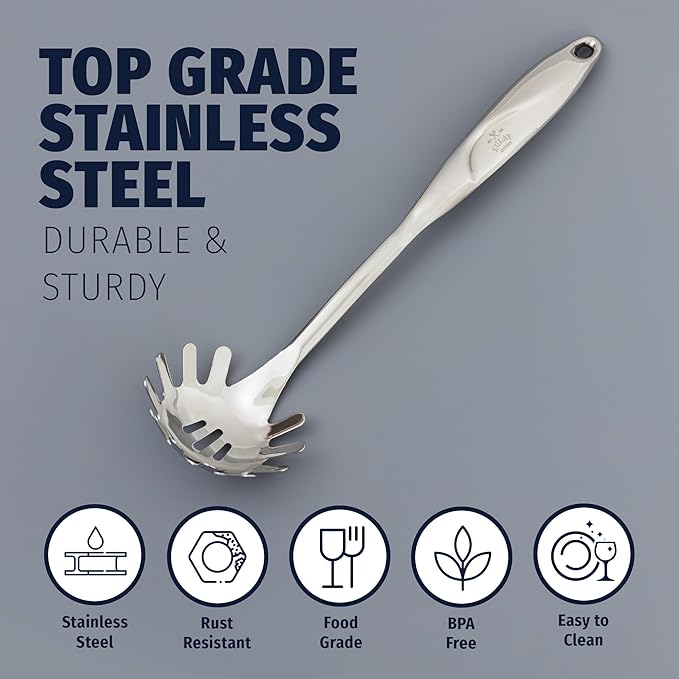 Zulay Kitchen Stainless Steel Spaghetti Server - 12” Pasta Fork with Teeth & Draining Holes - Rust-Resistant Pasta Spoon for Noodles & Pasta - Dishwasher Safe Utensil