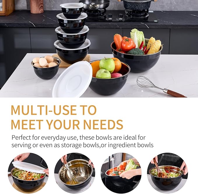 Black Mixing Bowls With Airtight Lids,Stainless Steel Bowl,Salad Bowls 7 Piece Colorful Nesting Bowl Black Kitchen Accessories,Size 7,3.6,2.7,2.1,1.5,1.1,0.8QT Stackable Design