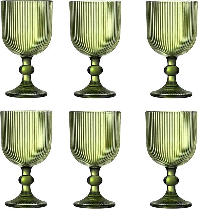 Green Vintage Wine Glasses Set of 6, 11 Ounces Colored Glass Water Goblets, Unique Embossed Pattern High Clear Stemmed Glassware Wedding Party Bar Glass Drinking Cups Fancy Glasses Vertical Line