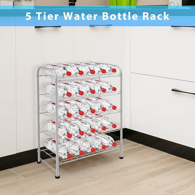 5 Tier Water Bottle Organizer Small Water Bottle Holder Stand Freestanding Metal Bottled Water Rack Dispenser for Kitchen, Pantry Organization and Storage, Silver