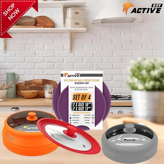 Microwave Cover for Food, Silicone and Glass Splatter Guard Lid for 6–7–8–9-10-11-12 inch Plates & Bowls. By EZY ACTIVE (Gray)