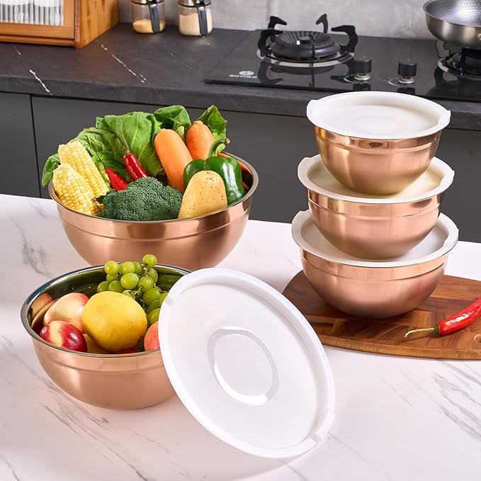 Rose Gold Mixing Bowls with Airtight Lids, Stainless Steel Nesting Mixing Bowls Set of 5, Ideal for Baking, Prepping and Serving Food, Size 5.5, 3.6, 2.7, 2.1, 1.5, QT, Stackable Design