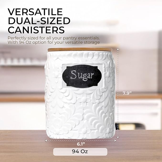 Ceramic Canister Set for the Kitchen Set of 2 - 94/52 Oz - Food Storage Containers, Airtight Bamboo Lid, Decorative Flour Sugar Coffee Canister, Food Container for Coffee, Flour, Sugar, Cookie Jar