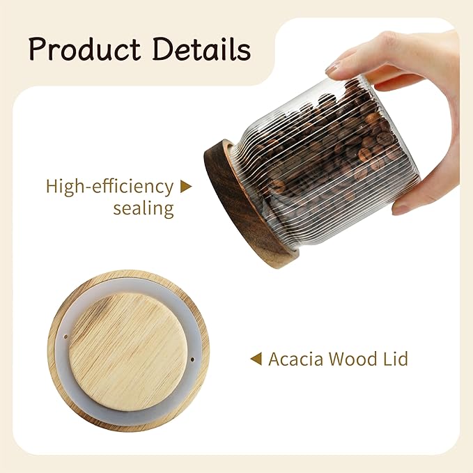 Ribbed Glass Storage Jars Set of 2 – Airtight Food Canisters with Wooden Lids, Stackable Kitchen Organizers for Coffee, Tea, Spices & Dry Goods (8.5oz)