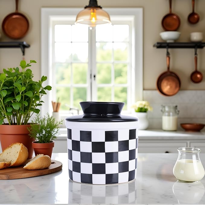 Checkered Butter Crock with Lid,Ceramic Butter Keeper for Countertop, Black And White French Butter Crock
