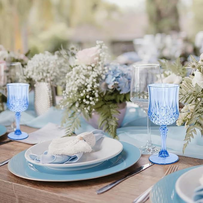 12 PCS Blue Plastic Wine Glasses Vintage Goblet, Reusable Drinkware Vintage, Plastic Blue Wine Glasses for Baby Shower Wedding Reception Grand Event Party, 7 OZ