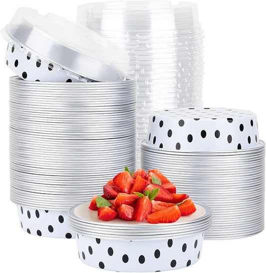 Beasea Mini Tart Pans with Lids 100 Pack, 4” 8oz Disposable Aluminum Baking Foil Tins Round Small White Black Dot Container for Individual Cupcake Dessert Muffin Ramekin Cheesecake Quiche Oven Dishes