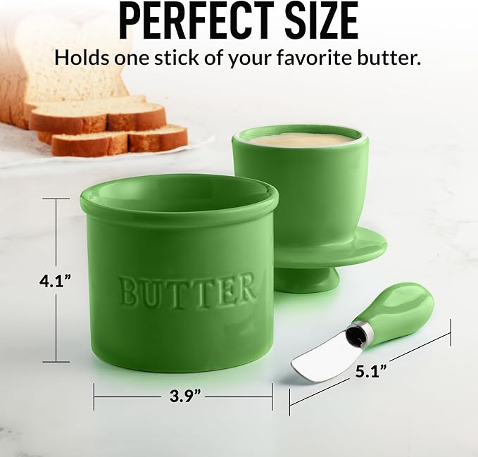 Zulay Kitchen Porcelain Butter Crock With Lid & Knife - Authentic French Butter Dish For Fresh & Spreadable Butter - Green
