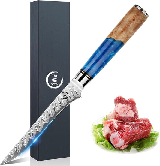 6-Inch Boning Knife, VG10 Damascus Steel Core, Ultra-Sharp Fillet Knife for Fish & Meat Cutting, Ergonomic Blue Resin & Wood Handle, Ideal Gift for Chefs and Cooking Lovers