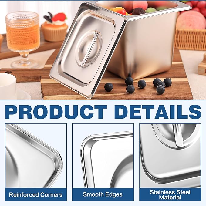 6 Pcs Notched Hotel Pan Cover Stainless Steel 1/6 Size Food Pan Lids with Handle Steam Pan Covers for Restaurant Hotel Commercial Food Storage Containers Covers