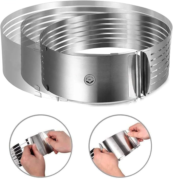 NEWLINE NY Stainless Steel Mousse Cake Rings 2 Pieces Cakes Slicer Adjustable Multilayer Circular Molding Plating Forming Round Pastry Rings, Set of 2 (10 to 12” + 6 to 8” x 3.2” H)