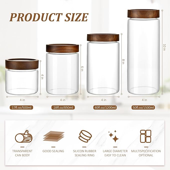28 oz/850 ml Clear Glass Storage Canister with Airtight Wooden Screw Lid, Medium Cute Decorative Glass Container Jar for Coffee,Spice,Candy,Salt,Cookie,Condiment,Pepper,Sugar,Overnight Oatmeal
