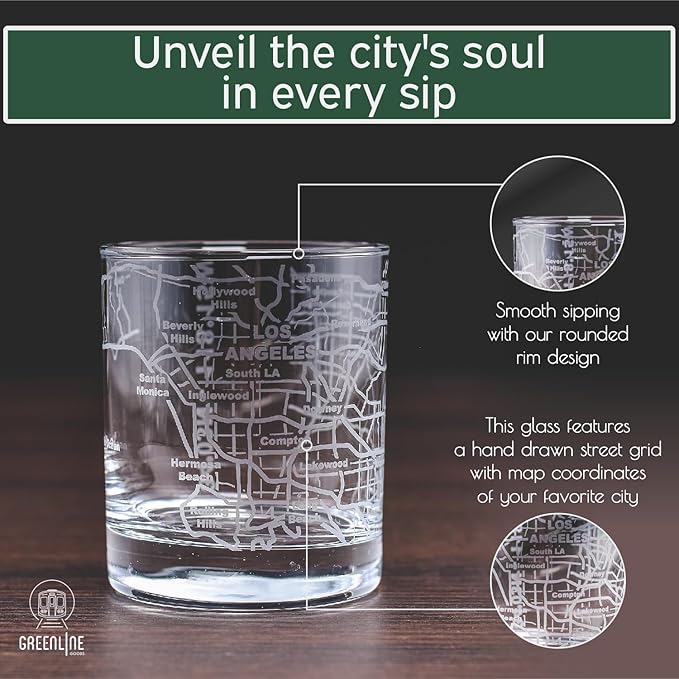 Greenline Goods Whiskey Glasses - 10 Oz Tumbler Gift Set for Los Angeles lovers, Etched with Los Angeles Map | Old Fashioned Rocks Glass - Set of 2