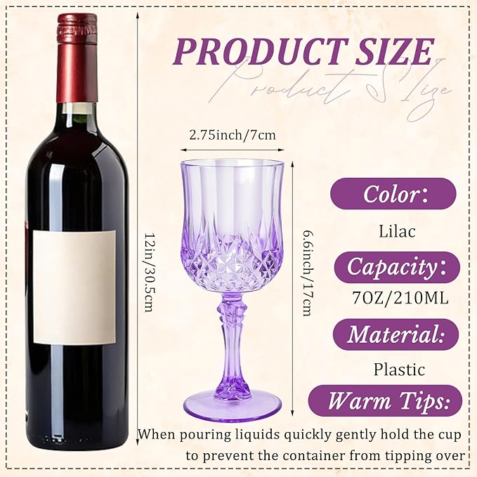 48 Pcs Plastic Purple Wine Drinking Glasses, Plastic Water Goblets Purple Vintage Reusable Drinkware Vintage Champagne glassware for Wedding Reception Grand Event Party, 7oz