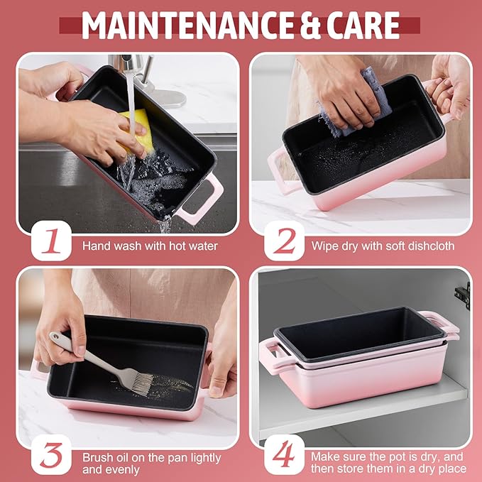 P&P CHEF 2 In 1 Enameled Cast Iron Loaf Pan with Lid, 9 x 5 Inch Bread Loaf Pans for Baking Homemade Sourdough Bread, Meatloaf, Toast, Cake, Nonstick & Healthy & Sturdy, 2 Piece Set - Pink