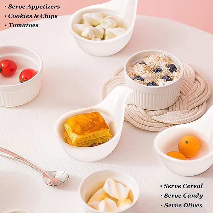 Porcelain Dipping Bowls With Handle, 3.1oz BBQ Sauce Cups, Small Side Dishes for Ketchup, Ice Cream, Desserts