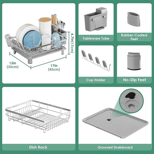 MOUKABAL Dish Drying Rack - Stainless Steel Dish Rack, Dish Racks for Kitchen Counter, Drying Rack Kitchen with Removable Utensil Holder, Drainboard and Glass Organizer (Grey)