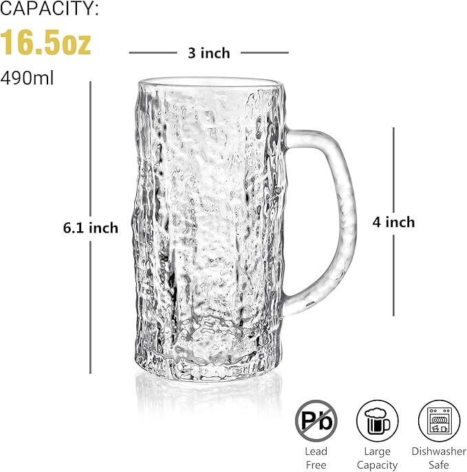 Beer Mug Set of 2, 16.5oz Glass Beer Mugs for Freezer, Clear Large Beer Steins with Handle, Gifts for Men