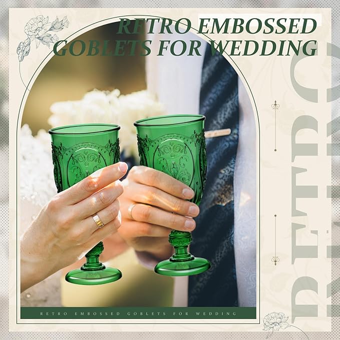 6 Pcs Plastic Goblets 7.5oz Vintage Goblet Plastic Wine Glasses Colored Retro Embossed Water Goblets for Wine Bar Juice Baby Shower Wedding Reception Grand Event Party (Dark Green)