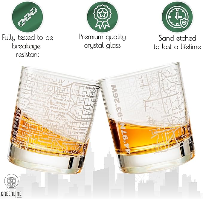 Greenline Goods Whiskey Glasses - 10 Oz Tumbler Set for Minneapolis lovers, Etched with Minneapolis City Map Old Fashioned Rocks Glass - Set of 2