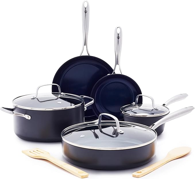 Blue Diamond Cookware Hard Anodized Ceramic Nonstick, 10 Piece Cookware Pots and Pans Set, Non-Toxic PFAS-Free, Dishwasher and Oven Safe, Durable, Even Heating, Metal Utensil Safe, Gray