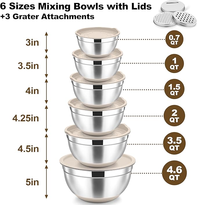 TeamFar Mixing Bowls, 6 PCS Stainless Steel Nesting Salad Bowl with Lids & 3 Graters, For Kitchen Cooking Serving Prepping, Airtight & Non-Slip, Size 4.6/3.5/2/1.5/1/0.7 QT, Khaki