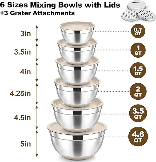 TeamFar Mixing Bowls, 6 PCS Stainless Steel Nesting Salad Bowl with Lids & 3 Graters, For Kitchen Cooking Serving Prepping, Airtight & Non-Slip, Size 4.6/3.5/2/1.5/1/0.7 QT, Khaki