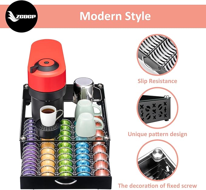 ZCDCP for Coffee Pod Holder, Vertuo Pod Holder Drawer Glass Top Coffee Pod Organizer Storage (50 Pods Capacity)