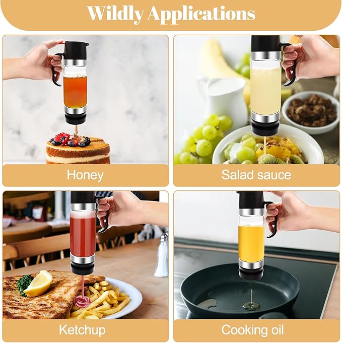 12 OZ Honey Dispenser No Drip with Stand,Extra Large Glass Syrup Dispenser with Clean Brush and Cloth, Easy One Hand Use Honey Jar Pot for Coffee Bar,Tea,Glass Syrup-Black