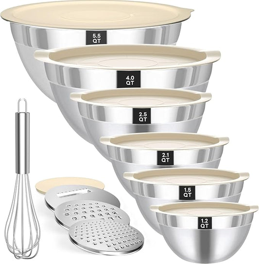 Mixing Bowls with Lids Set 10pcs | Stainless Steel Mixing Bowls with Graters and Egg Whisk,Nesting Bowls Set for Baking, Cooking, Meal Storage(1.2QT-5.5QT)