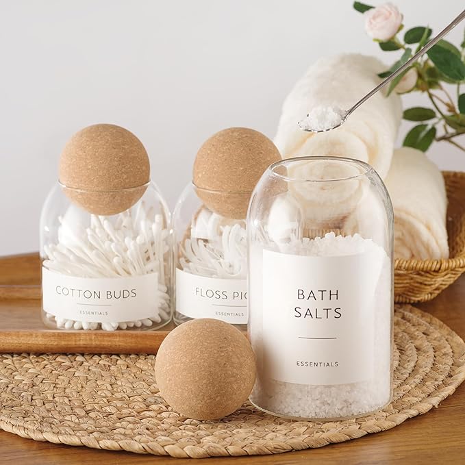 Coffee Sugar Tea Container Set, 3 Pack Glass Jars with Cork Lids, Apothecary Jars with Tray for Bathroom, Decorative Qtip and Cotton Ball Holder, Cute Display Jars for Coffee Bar (27oz)