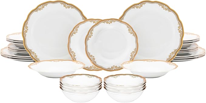 32 Piece Dinnerware Sets for 8 – Elegant Porcelain Plates, Bowls – White and Gold Floral Vintage Design Dishware for Kitchen Table, Formal Dining or Everyday Use (Floral Gold)