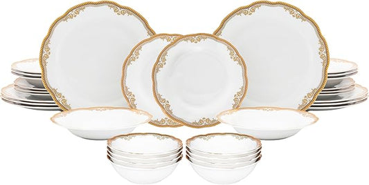 32 Piece Dinnerware Sets for 8 – Elegant Porcelain Plates, Bowls – White and Gold Floral Vintage Design Dishware for Kitchen Table, Formal Dining or Everyday Use (Floral Gold)