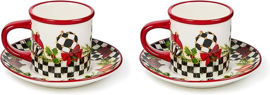 MACKENZIE-CHILDS Set of 2 Stoneware Espresso Cup and Saucer, Cute Coffee Cups