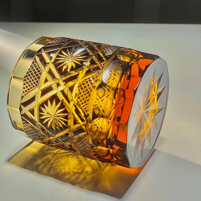 suigetsu Japanese Crystal Whiskey Glass, Cut Crystal Pattern, Luxury Cocktail Glassware (Red Gold Amber)