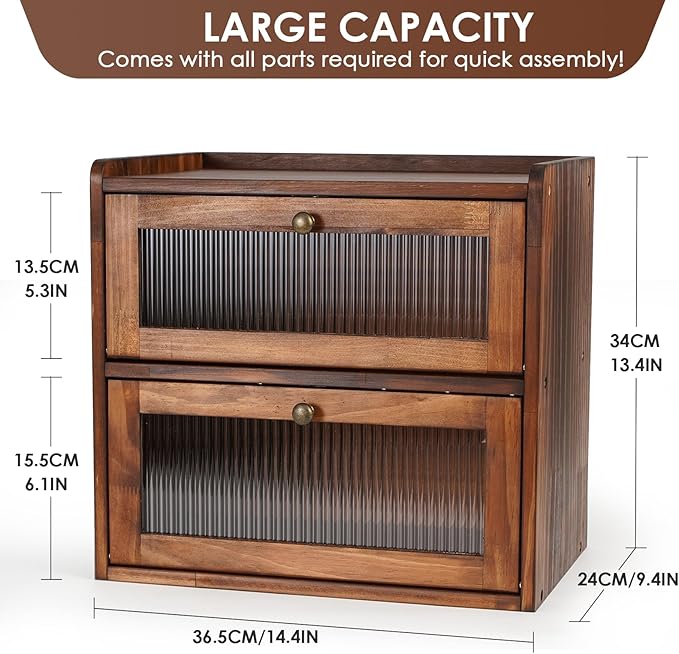 Sunhoo Bread Box for Kitchen Countertop Wooden Bread Storage Container Bin 2 Layer Breadbox Holder Large Capacity Keeper Vintage Farmhouse Food Organizer Pantry Shelf Acrylic Window (Brown)