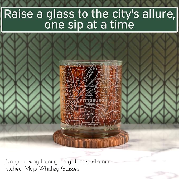 Greenline Goods Whiskey Glasses - 10 Oz Tumbler Gift Set for Pittsburgh lovers, Etched with Pittsburgh Map | Old Fashioned Rocks Glass - Set of 2