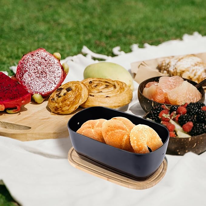 Bread Box for Kitchen Countertop - Bamboo Fiber Bread Bin with Reversible Cutting Board Lid, Juice Groove - Ventilated, Multi-Functional Storage Keeper for Freshness (14.2x7.8x5.5In, Black)