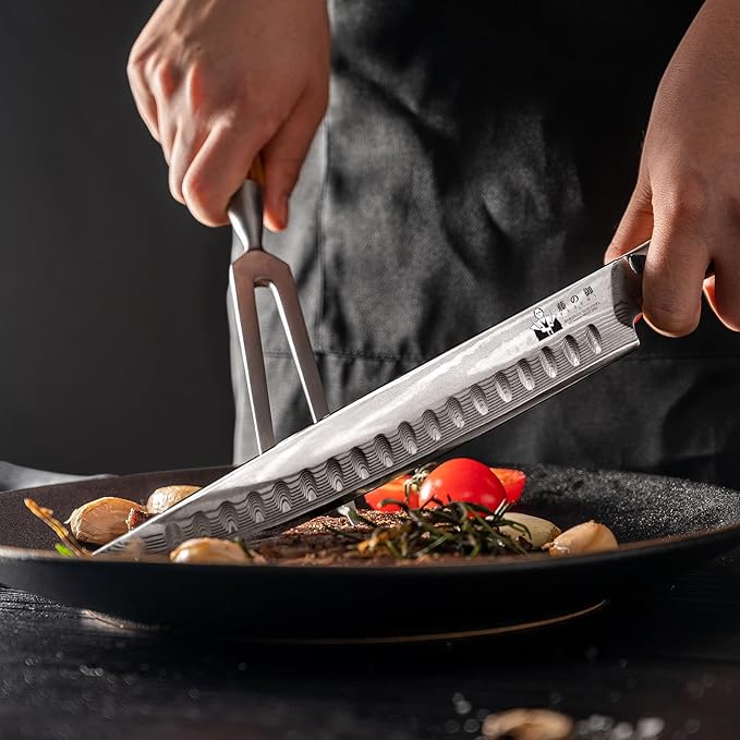 Carving Knife and Fork Set for Meat Turkey - Set of 2 with 9 inch Damascus Slicing Carving Knife and 6 inch Fork - Damascus VG10 Steel 67-Layer - Natural Olive Wood Handle- Exquisite Box